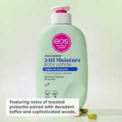 Close-up texture of eos Creme de Pistachio cream showing creamy absorption without greasiness.