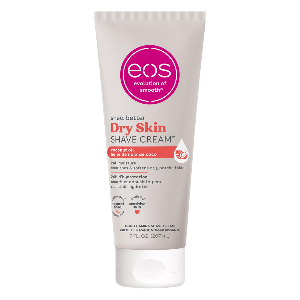 EOS Dry Skin Shaving Cream bottle offers a smooth glide and lasting hydration.
