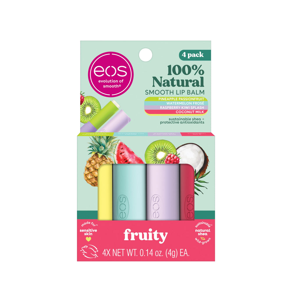 EOS bálsamo Coco Leche envase: hidratación suave para labios sensibles durante el día.
