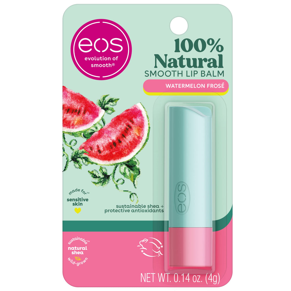 Bálsamo EOS Watermelon Frosé en empaque, hidratación suave para uso diario.