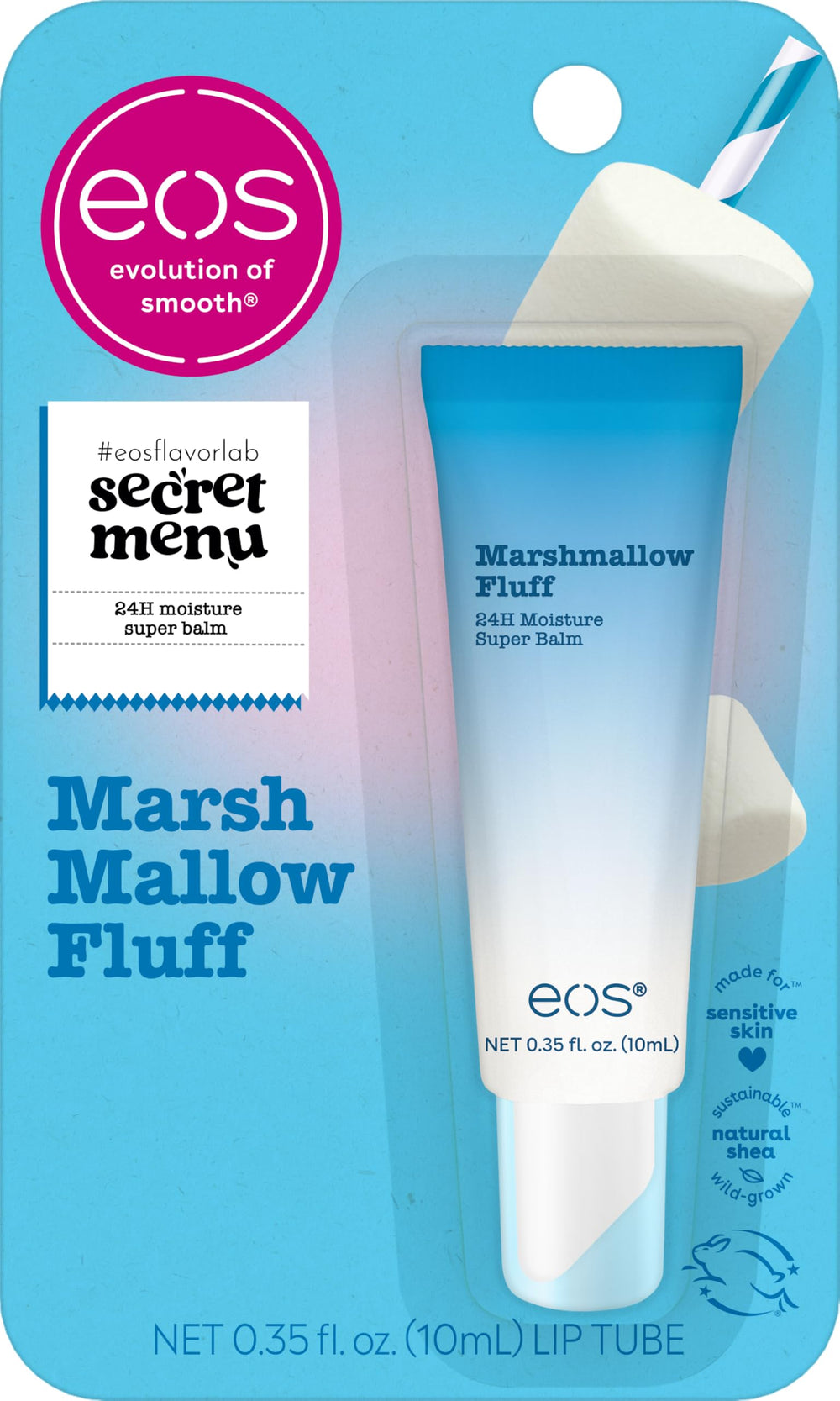 EOS Marshmallow Fluff lip balm jar showing rich hydration texture.
