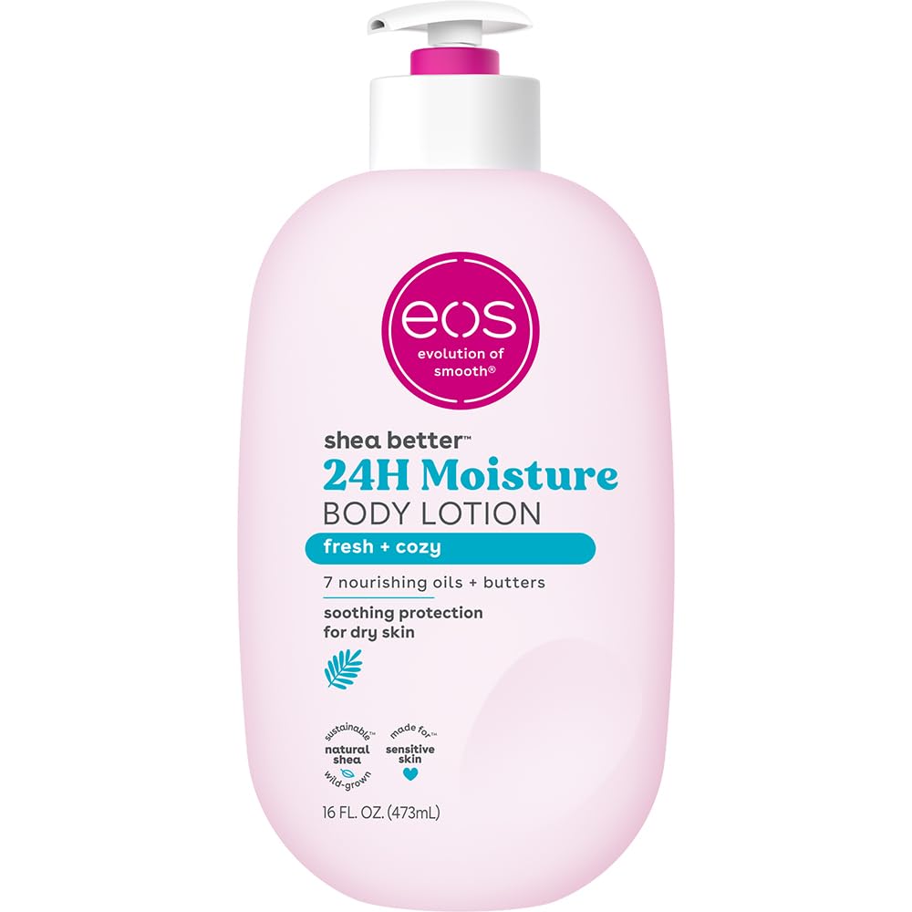 eos Shea Better en envase: hidratación duradera para la piel.