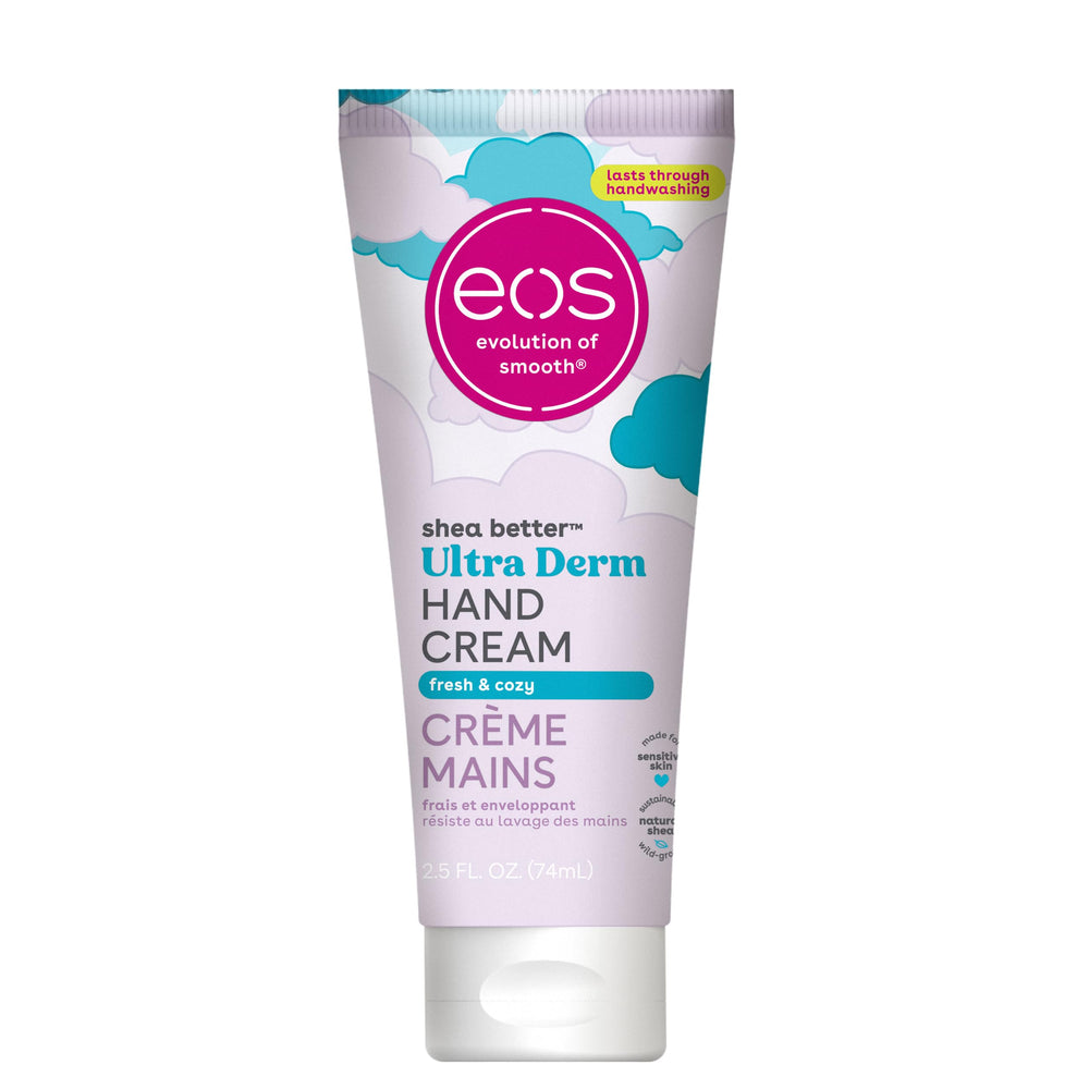 EOS Shea Better Hand Cream Fresh & Cozy bottle close-up for travel-size hydration