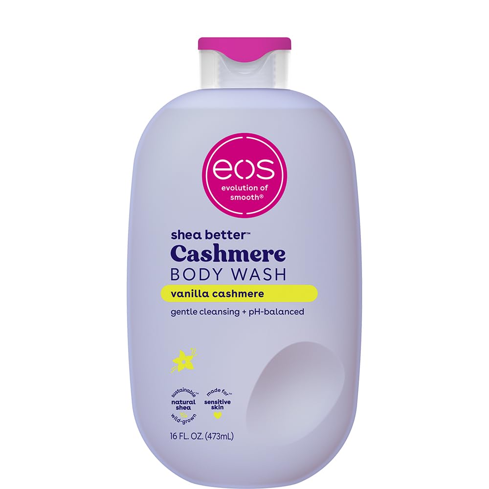 eos Vanilla Cashmere body wash bottle shot highlighting creamy lather and inviting scent