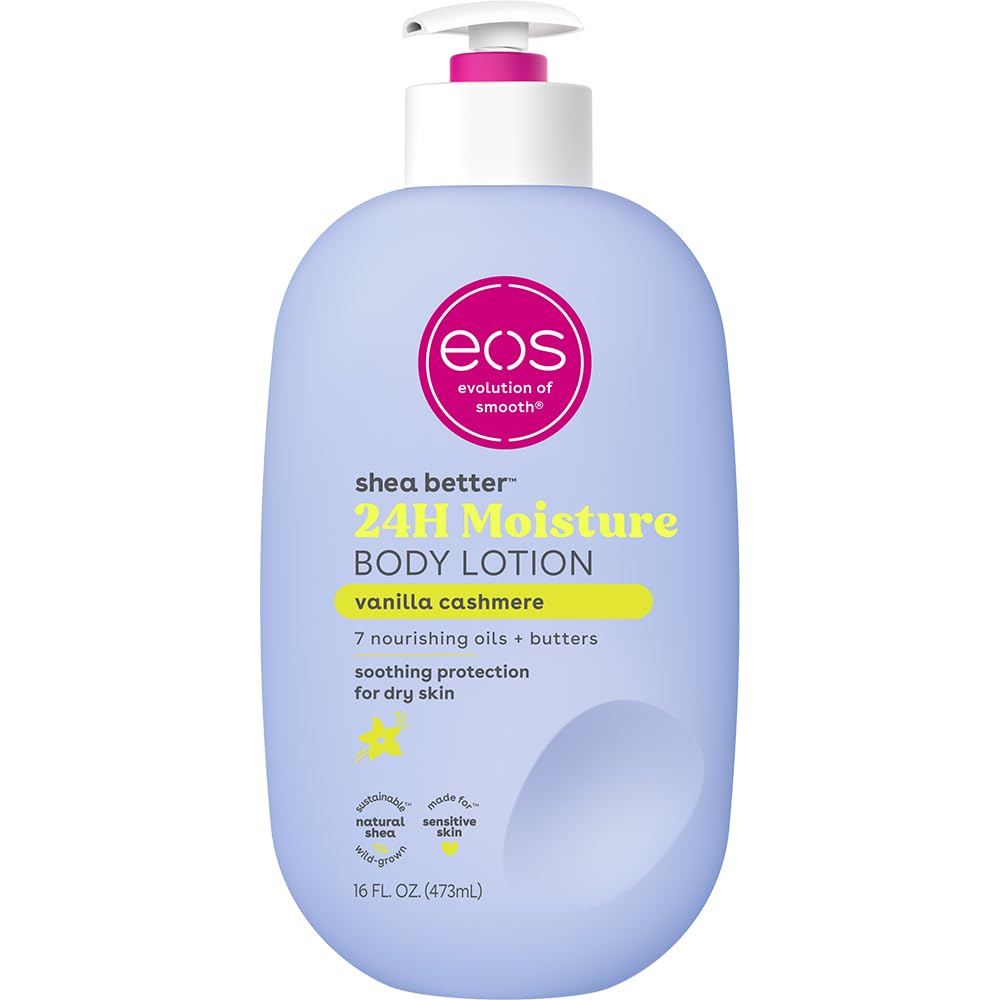 Loción corporal eos Vanilla Cashmere en frasco, hidratación suave y rápida.