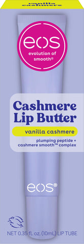 EOS Vanilla Cashmere lip butter close-up shows creamy texture and hydration.