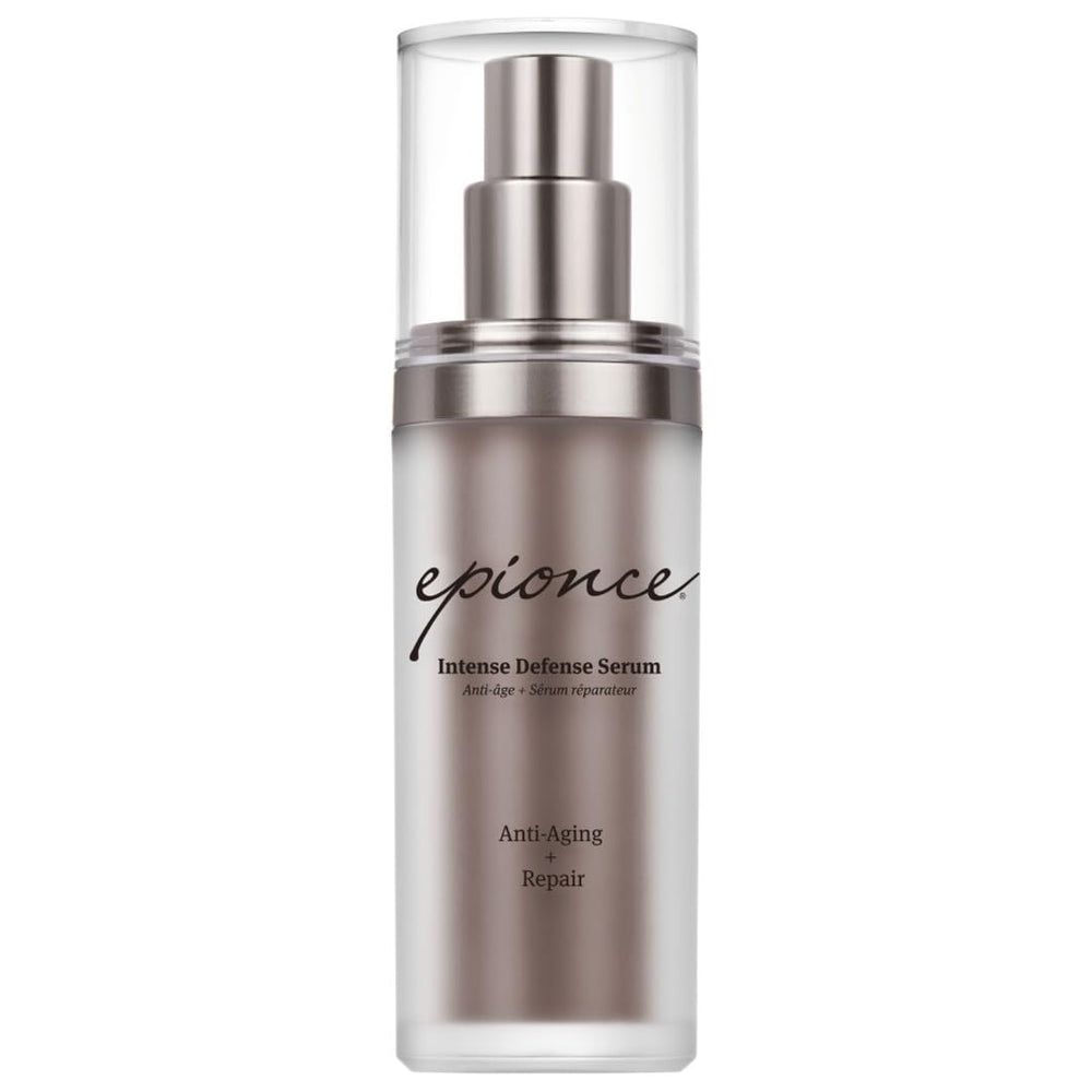 Epionce Intense Defense Serum bottle close-up showing premium anti-aging formula.