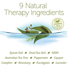 Etiqueta frontal de Epsoak Tea Tree Foot Soak para identificar ingredientes naturales.