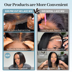 EQ DUOUPA Wear and Go glueless bob wig HD lace 5x5 closeup highlights realistic scalp.