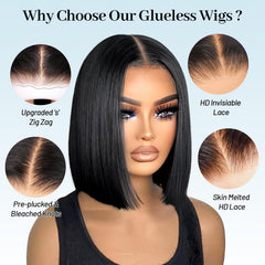 EQ DUOUPA Wear and Go glueless bob wig lace closure closeup showing seamless HD lace.