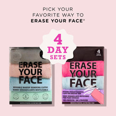 Conjunto de 4 toallas reutilizables ERASE YOUR FACE para rutina diaria de limpieza.