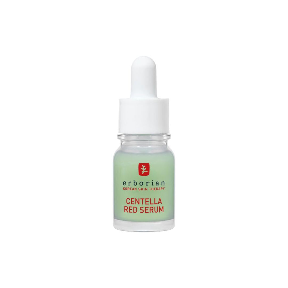 Erborian Centella Red Serum: botella elegante para cuidado diario y calmante de irritaciones.