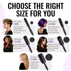 ERGO Ceramic Ionic Round Brush tourmaline barrel showing frizz control and shine.