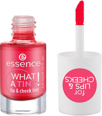 essence What a Tint coral sunset swatch adds natural glow to lips and cheeks