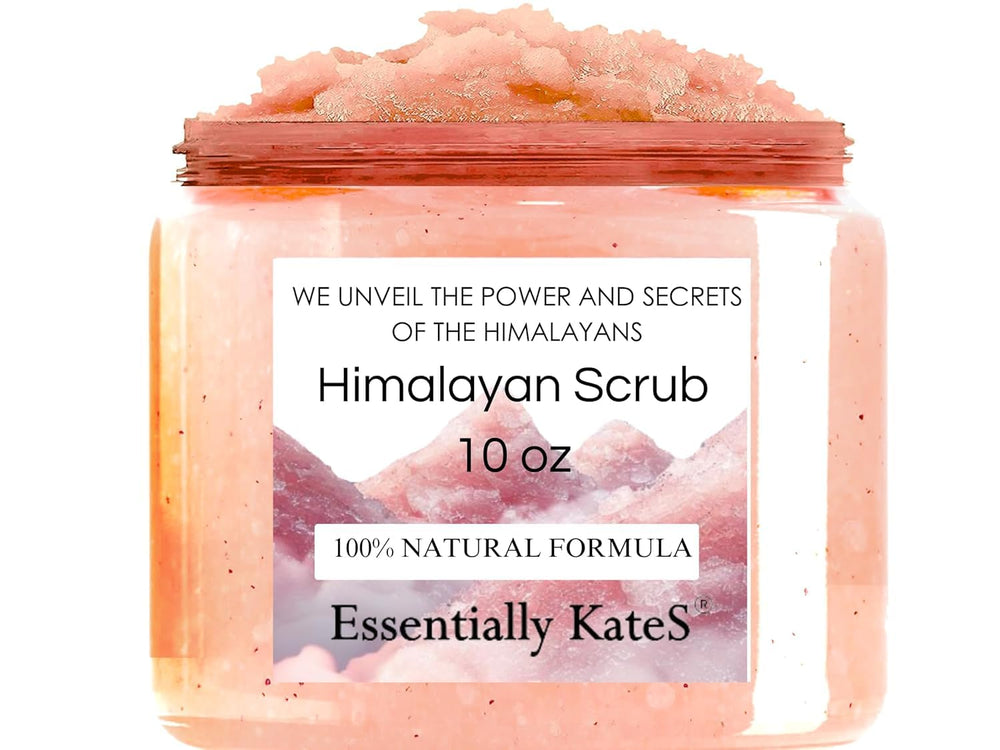 Essentially KateS exfoliante sal-himalaya en bote; exfoliación suave y hidratación con aceite de almendras.