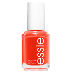 essie Geranium glossy shine bottle displays a vibrant red-orange cream for a bold manicure.