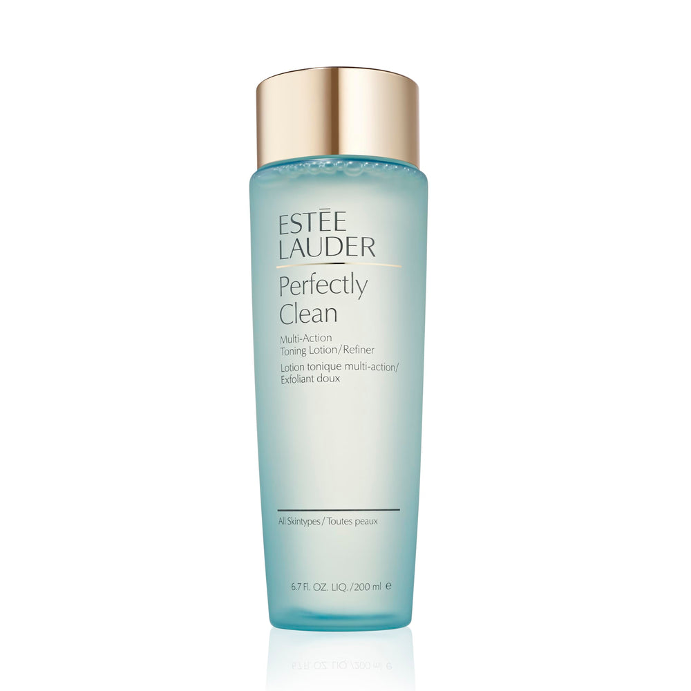 Estée Lauder Perfectly Clean bottle close-up highlighting toning action for balanced skin.
