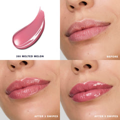 Estee Lauder Pure Color Melt-On Glosstick Melted Melon swatch shows sheer-to-medium coverage.
