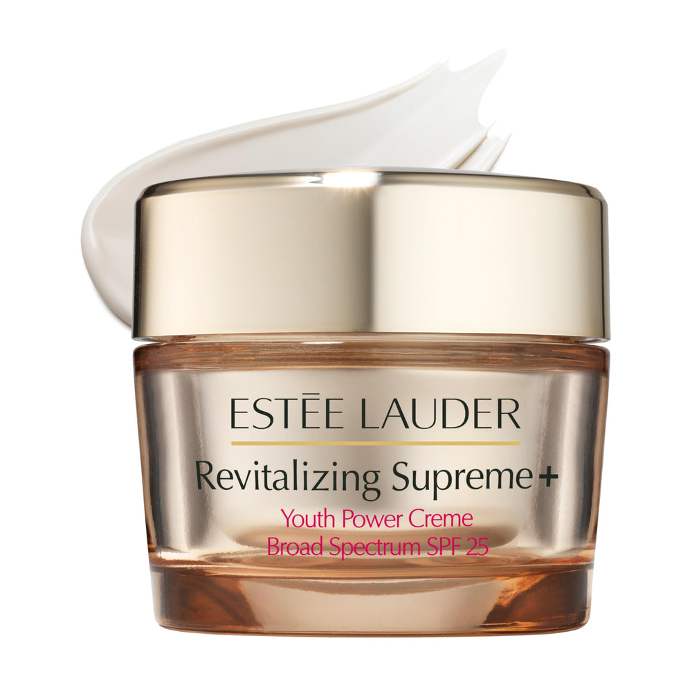 Estée Lauder Revitalizing Supreme+ cream bottle pour shows premium texture and easy dispensing.