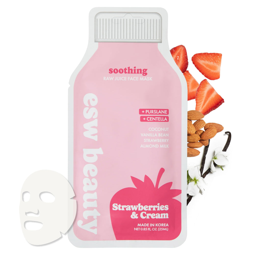 ESW Beauty Fresas y Crema Mascarilla de Hoja: empaque compacto para hidratación suave.