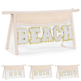 Etercycle boho patch beach makeup bag with chenille patches for stylish portability.