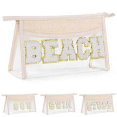 Etercycle boho patch beach makeup bag with chenille patches for stylish portability.