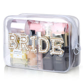 Etercycle Bride clear makeup bag with gold bling, ideal for travel cosmetics.