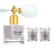 Etercycle Silver Body Glitter Spray bottle showing easy, mess-free sparkle application.