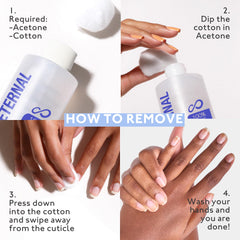 Eternal acetona pura limpia residuos para una manicura rápida y limpia.