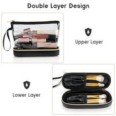 Ethereal two-layer design opened, top for small items bottom for brushes