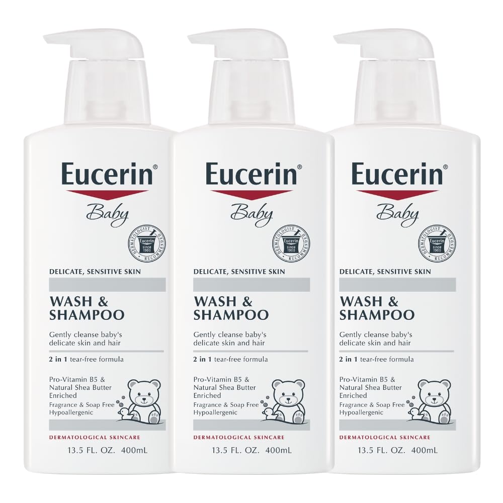 Eucerin Baby Unscented bottle with pump for gentle daily cleansing of skin and hair.