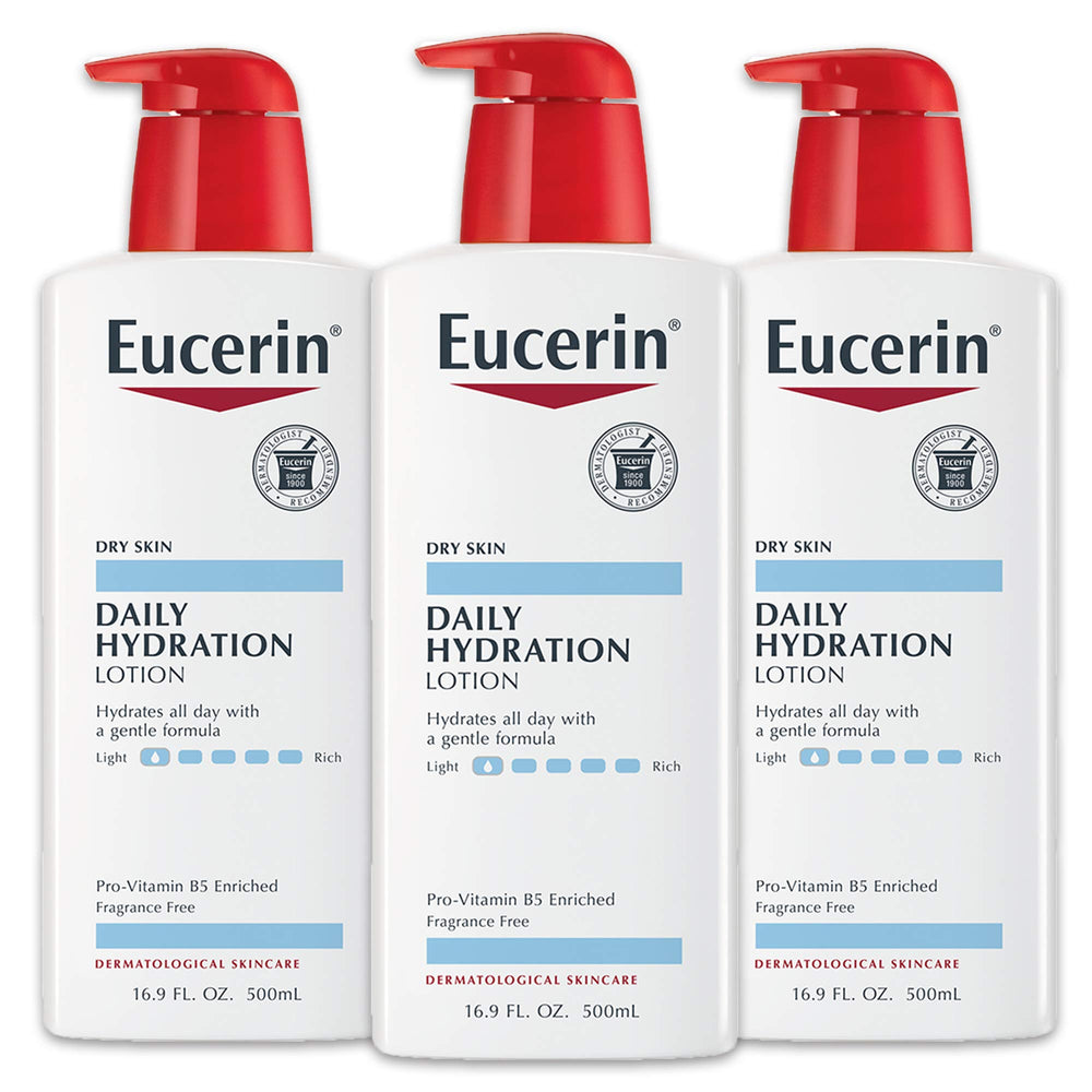 Eucerin Daily Hydration Lotion front view in a 3-pack pump bottle for sensitive skin.
