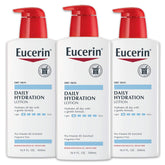 Eucerin Daily Hydration Lotion front view in a 3-pack pump bottle for sensitive skin.