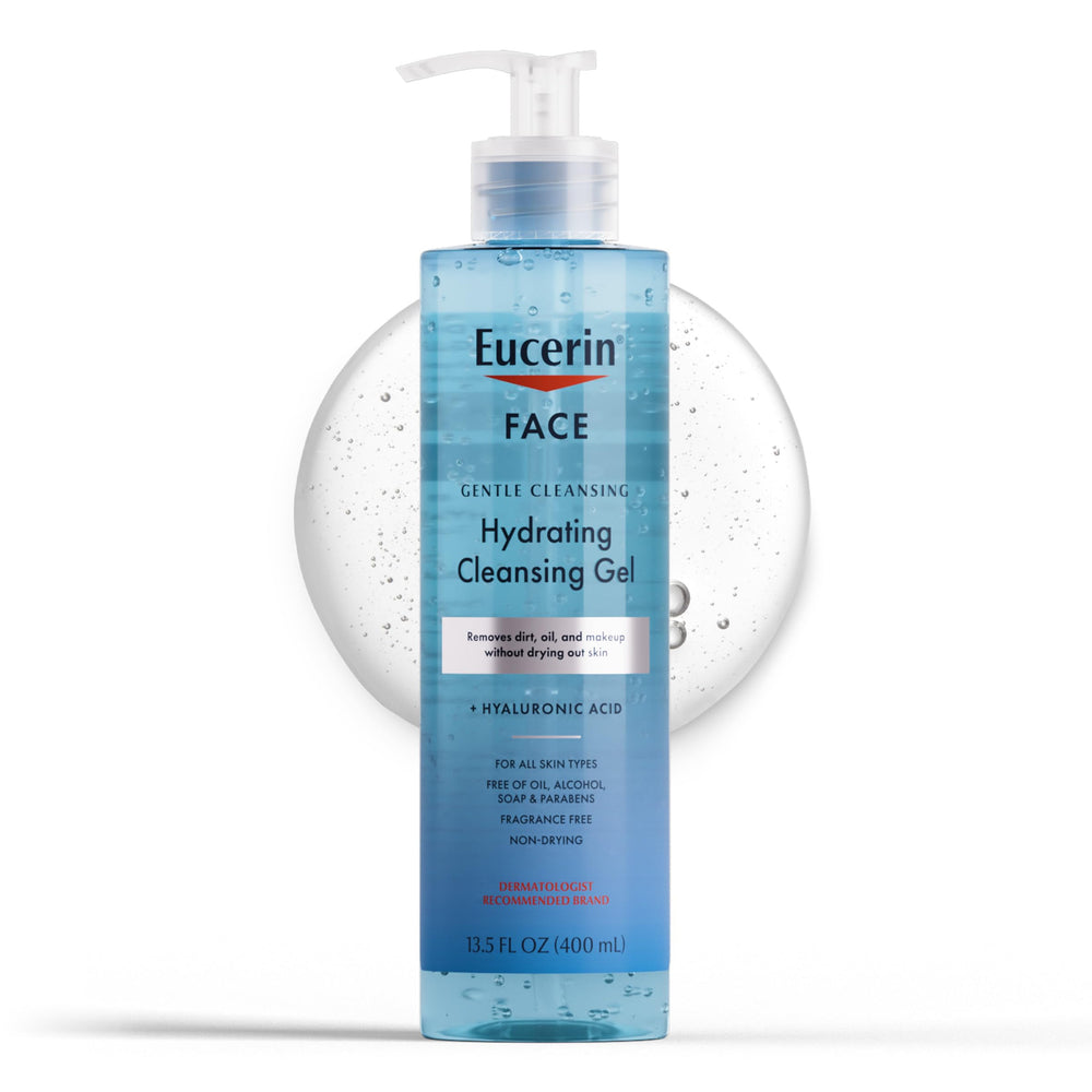 Eucerin gel limpiador facial suave en botella para uso diario.