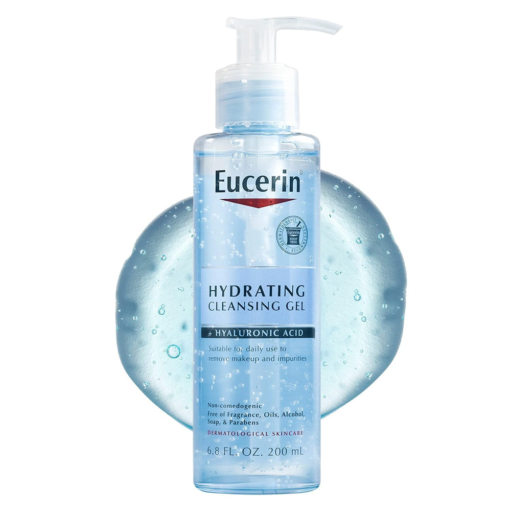Botella de gel limpiador hidratante de Eucerin, ideal para uso diario.