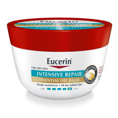 Eucerin Intensive Repair Essential Oil Balm jar provides deep hydration for very dry skin.