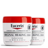 Eucerin Original Healing Cream jar closeup showing fragrance-free formula for sensitive skin.