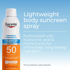 Eucerin SPF50 spray aplicado con suavidad, acabado seco y translúcido.