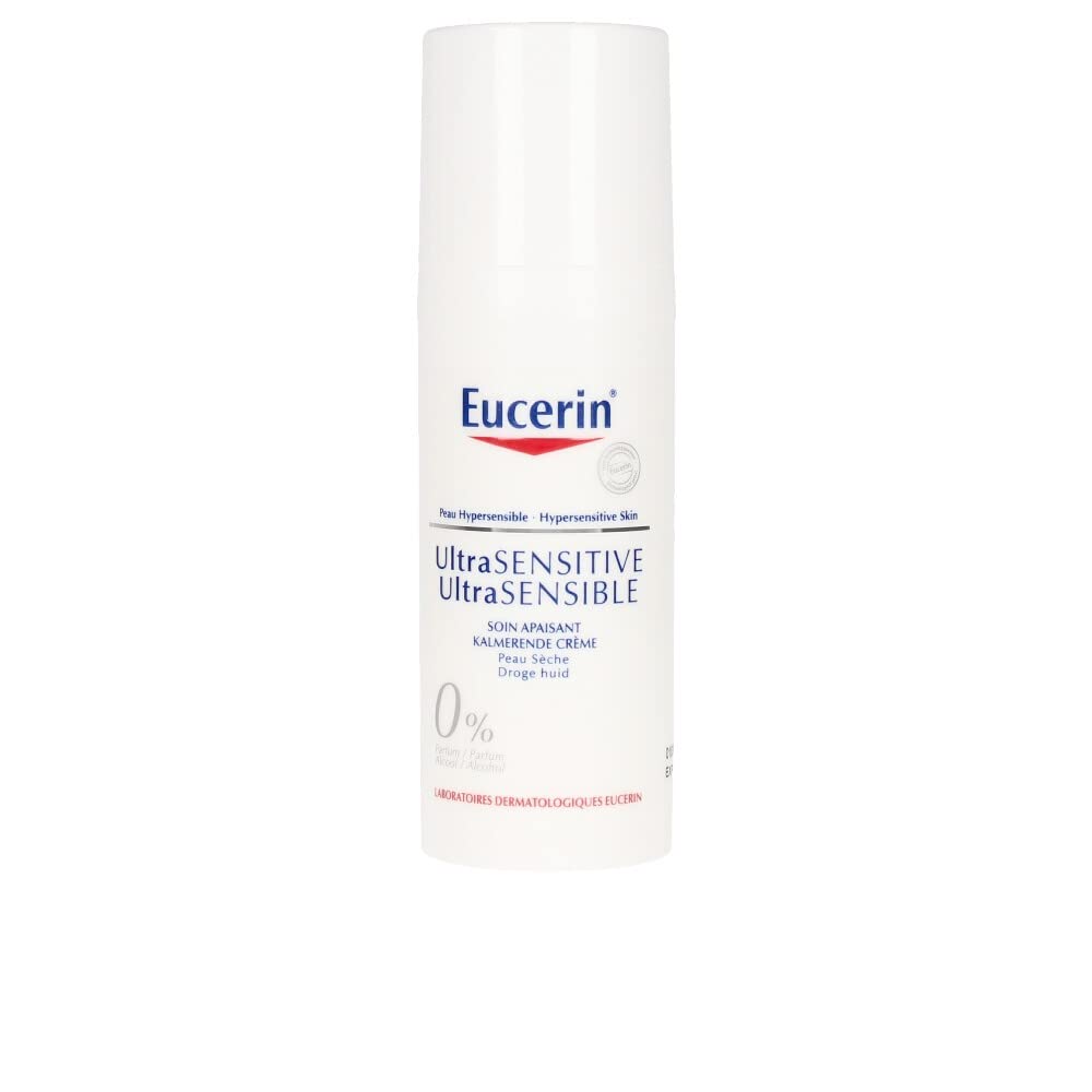 Eucerin UltraSENSITIVE soothing care for dry skin; calming daily moisturizer for face, neck, and chest.