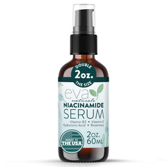 Eva Naturals Niacinamida 5% serum en bote con gotero minimiza poros y suaviza la piel.