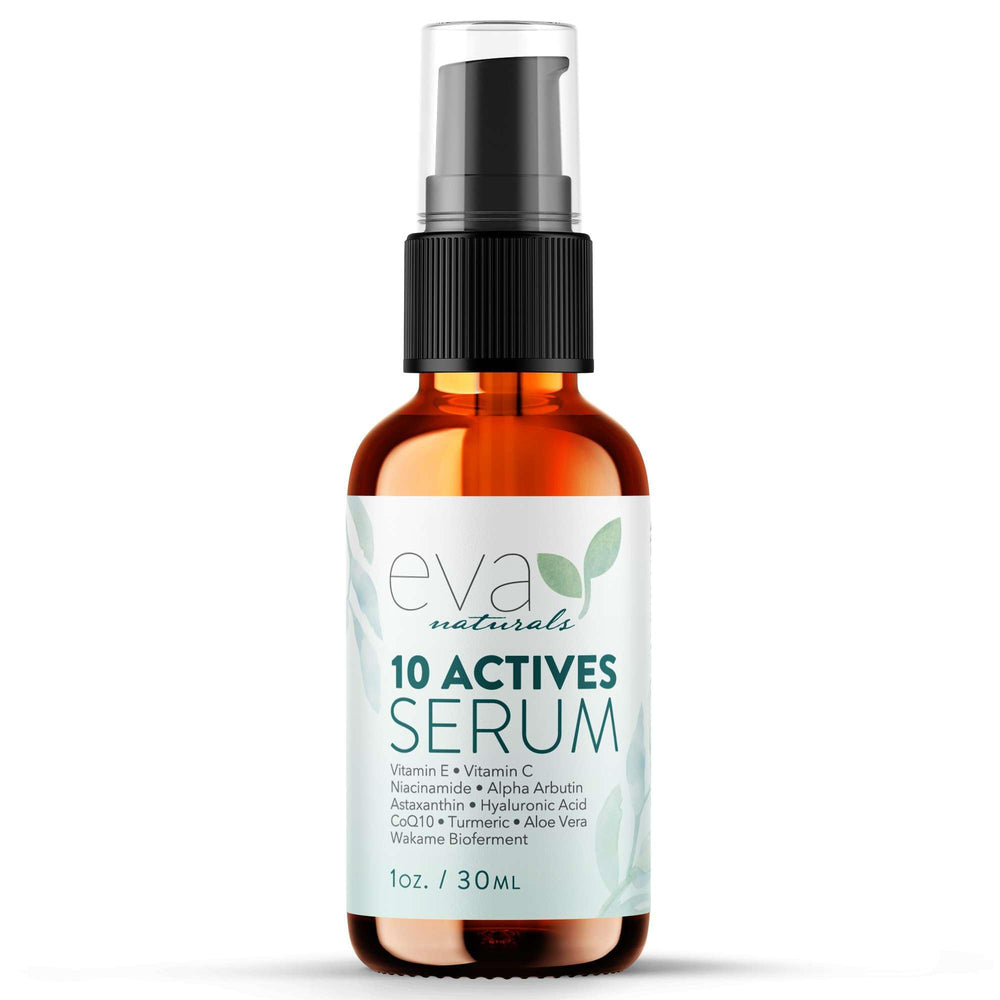 Eva Naturals 10 Activos Serum, botella con gotero para aplicación precisa y resultados visibles.