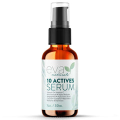 Eva Naturals 10 Activos Serum, botella con gotero para aplicación precisa y resultados visibles.