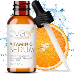 Serum Eva Naturals Vitamina C en bote; mejora claridad y textura de la piel.