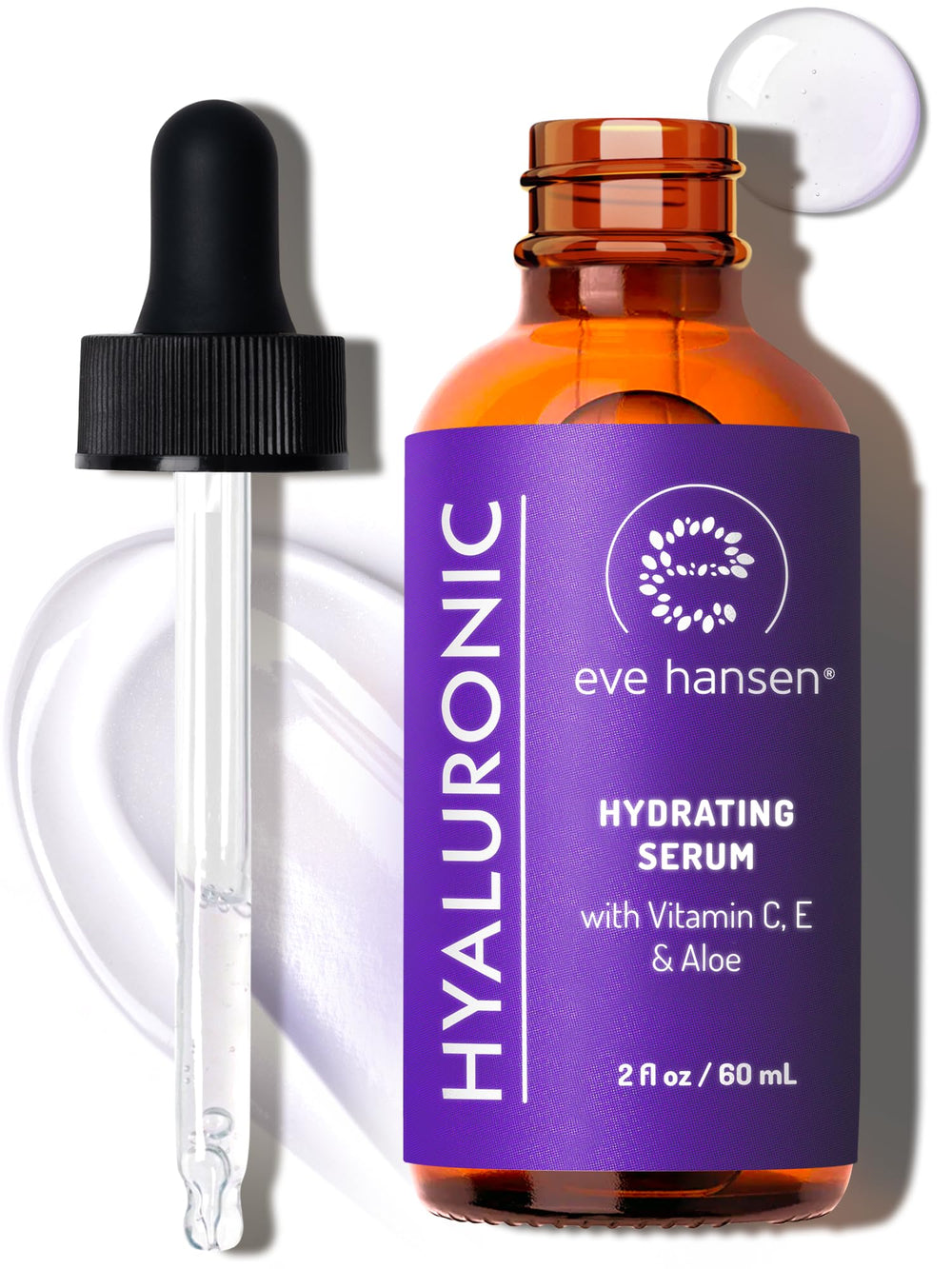 Eve Hansen Hyaluronic Acid Serum bottle delivers deep hydration for radiant skin.
