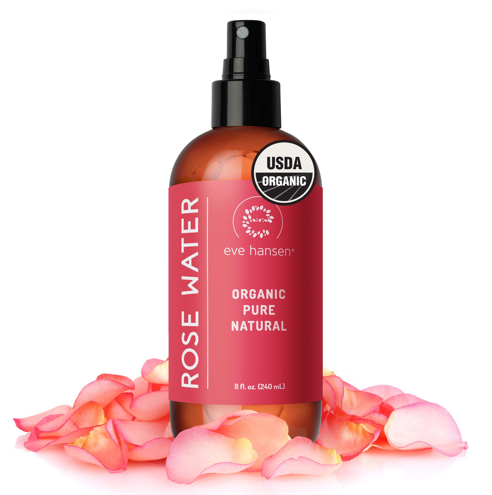 Eve Hansen Rose Water Spray bottle front view for a refreshing facial toner.