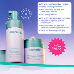 Evereden fragrance-free kids happy face duo ingredients showcase clean vegan formula.