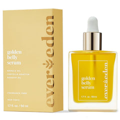 Evereden Golden Belly Serum bottle shows clean vegan maternity care for skin nourishment during pregnancy.
