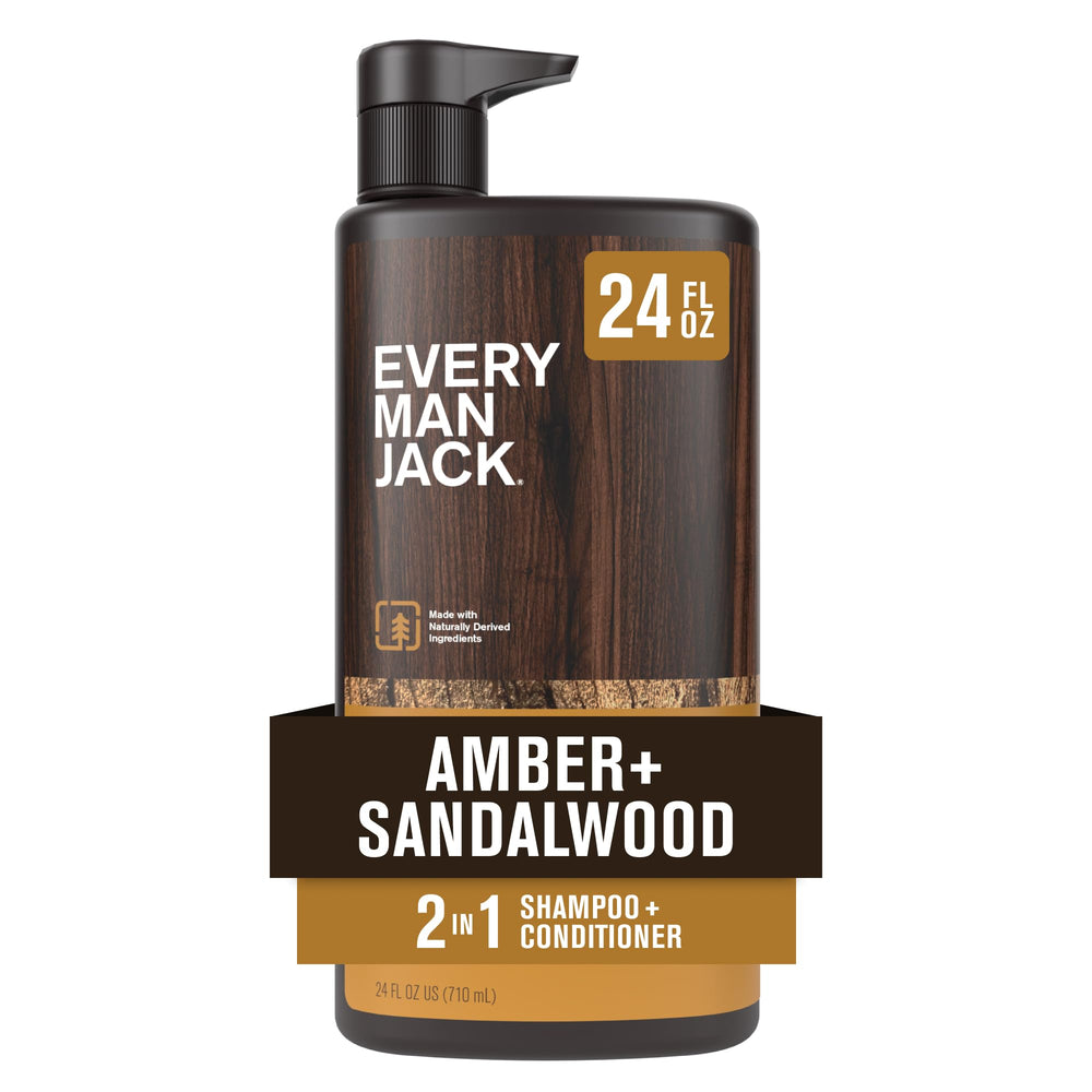 Every Man Jack Amber Sandalwood bottle pour shows a clean, refreshing wash for daily hair care