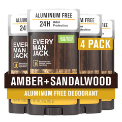 Every Man Jack Amber and Sandalwood deodorant bottle shows aluminum-free long-lasting freshness.