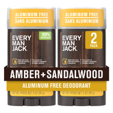 Every Man Jack Amber + Sandalwood en etiqueta frontal, aroma fresco para uso diario.